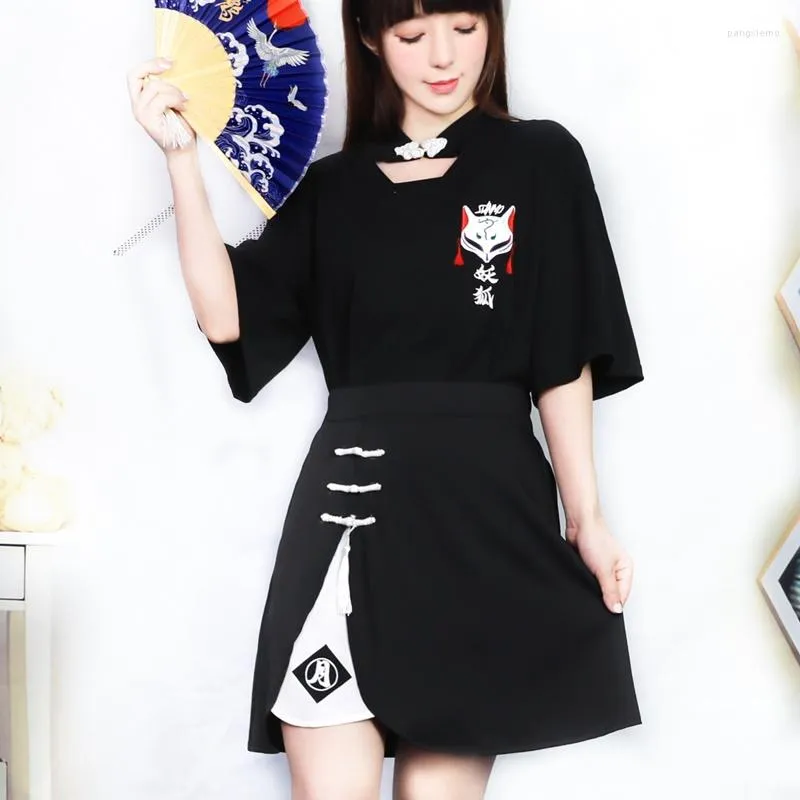 Etnisk kläd Anime Kimono Shirt Summer Women's 2023 Japanese Ribbon Girl Lolita T-shirt kort kjol Set vuxen kostym 31042