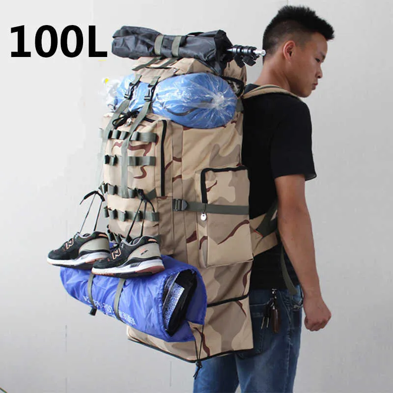 Backpacking Packs 100L Outdoor Camouflage Zaino tattico militare Impermeabile Borse da arrampicata in nylon antistrappo Campeggio Zaino da viaggio per bagagli J230502