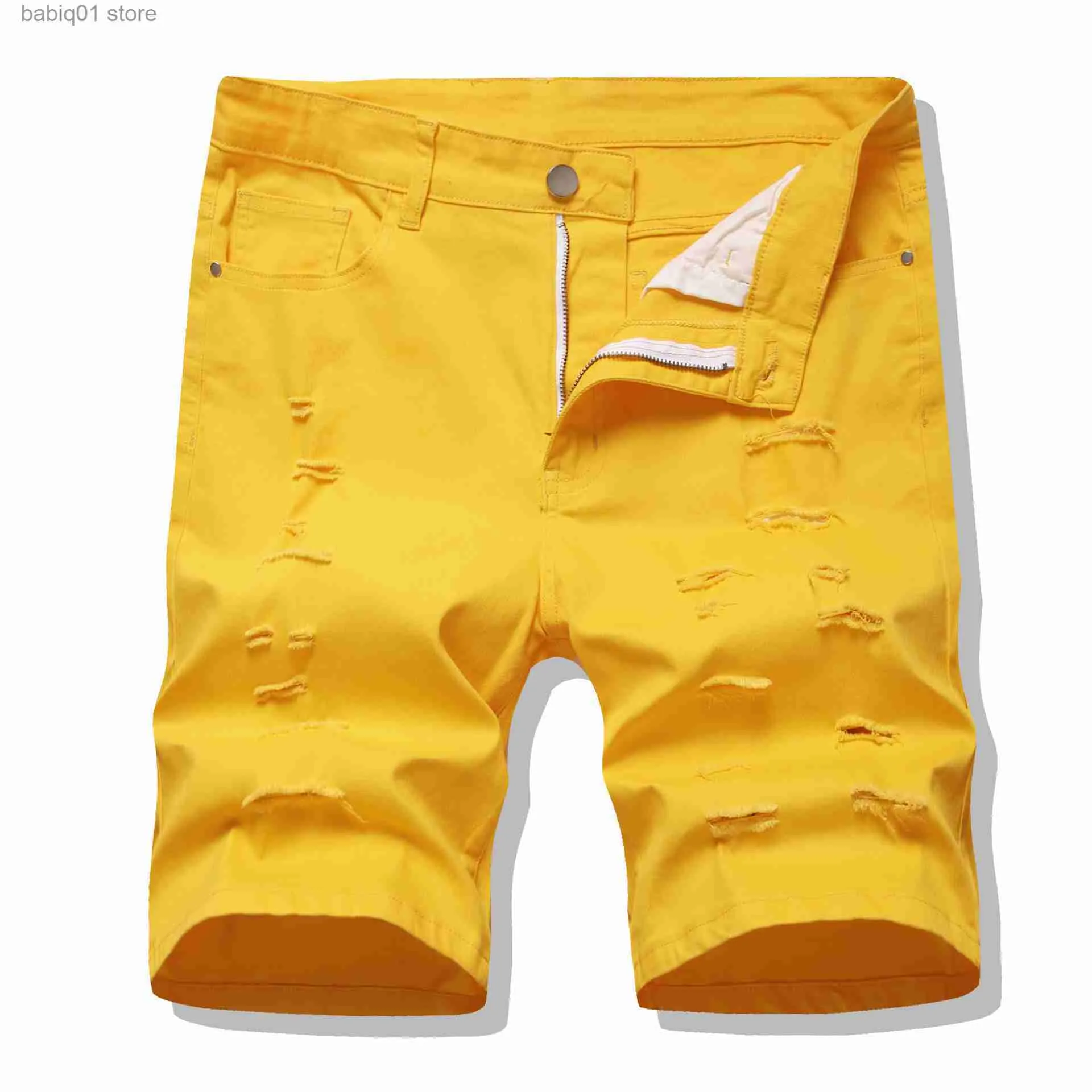 Summer Mens Ripped Yellow Denim Shorts Classic Style In Yellow