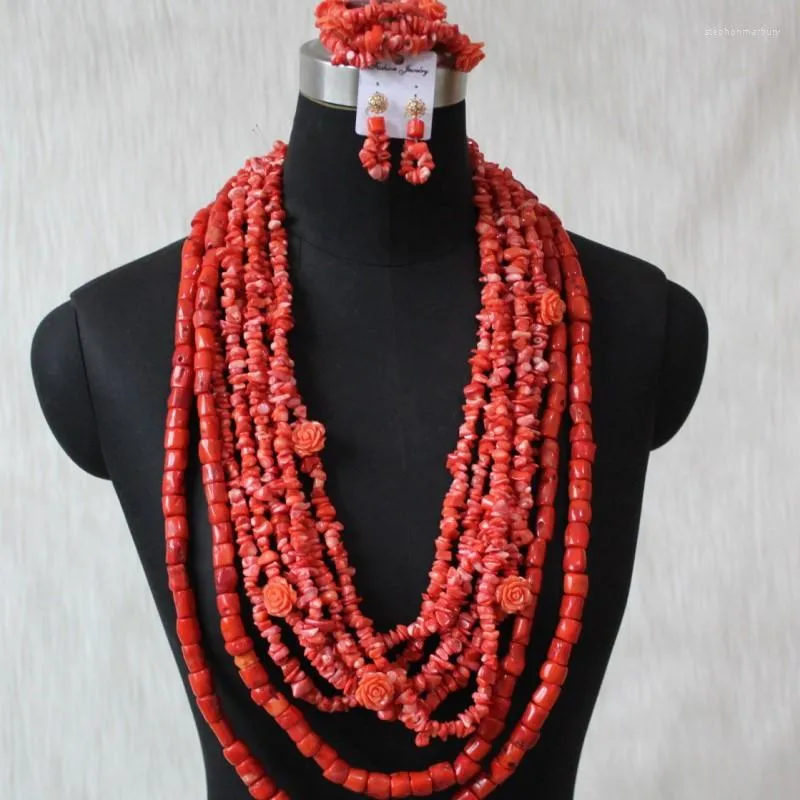 Brincos de colar definir luxuoso casamento nigeriano tradicional Natureza de coral real 8 camadas 2023 jóias de moda nupcial