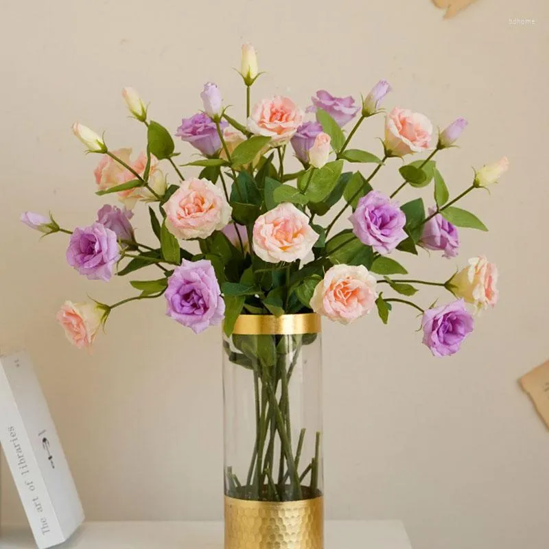 Fleurs décoratives hydratantes 3 têtes Eustoma fleur vraie touche bouquet de mariage artificiel pour Garden Party Home Decor Arrangement