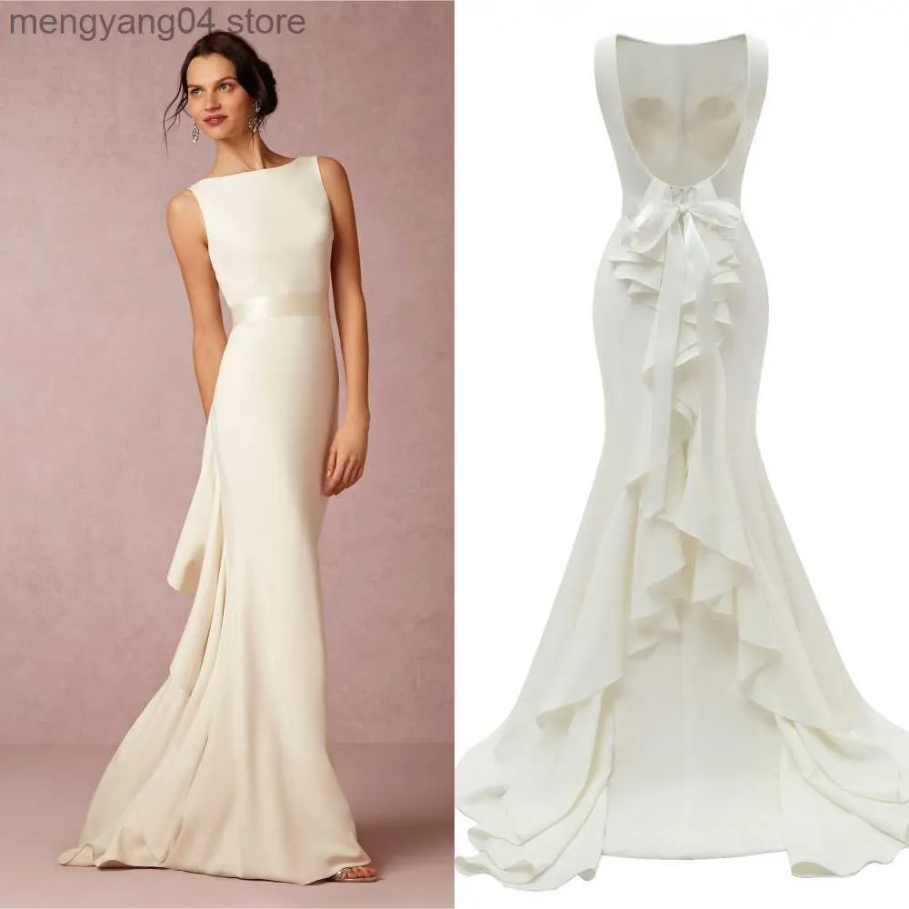 Party Dresses FACTORY PRICE REAL PHOTO Boat neck backless plain soft satin simple wedding dress bridal gown FANWEIMEI#906 T230502