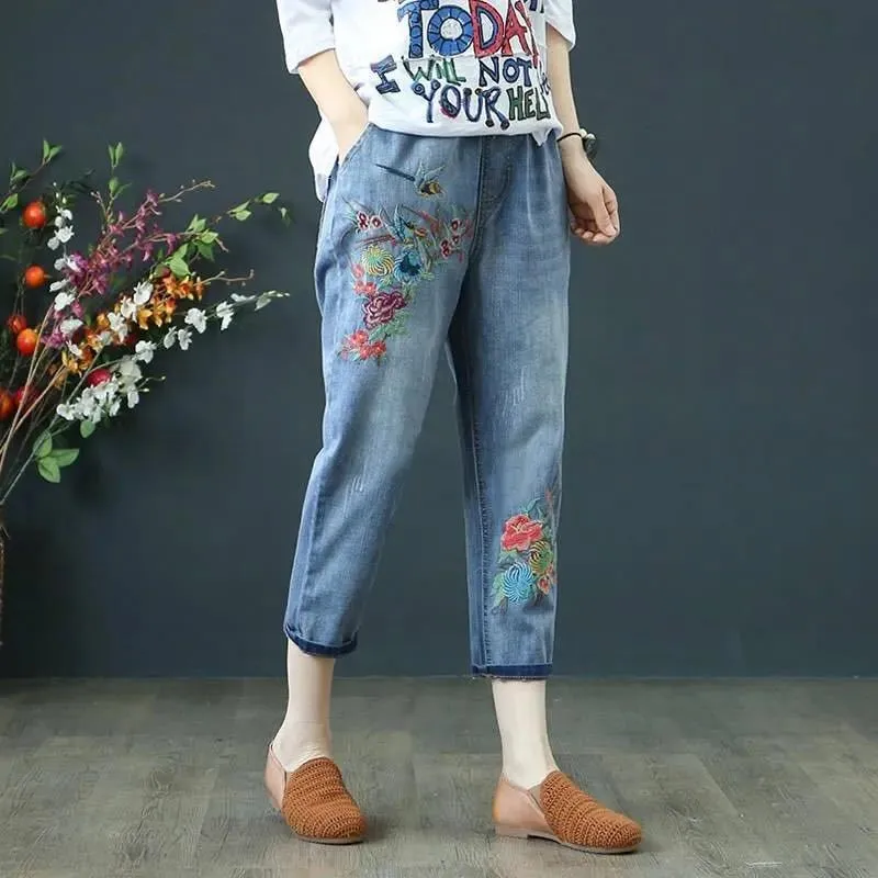 Women's elastic new arrivals waist denim capris