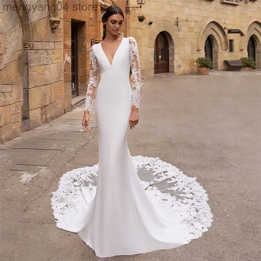 Party Dresses Sexy Deep V-Neck Lace Long Sleeves Mermaid Wedding Dresses Natural Waistline Garden Custom Bridal Gowns Simple Robe De Mariee T230502