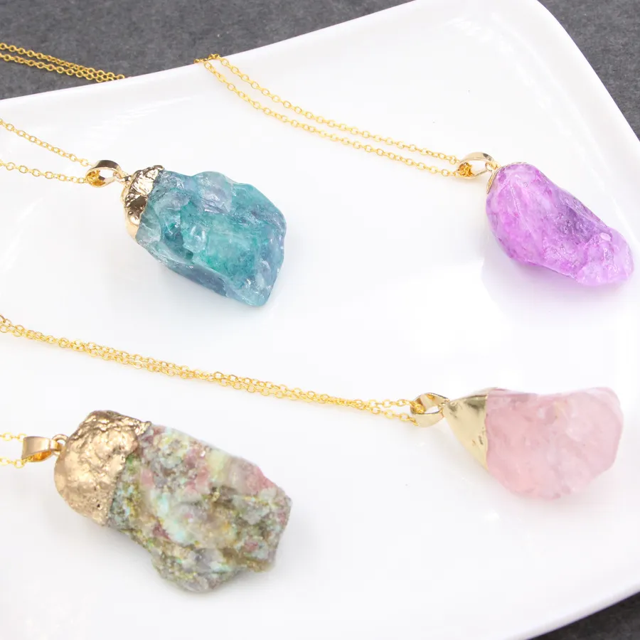 Natural Irregular Crystal Rough Stone Pendant Necklaces Mens Womens Phnom Penh Sweater Chain Necklace Jewelry In Bulk