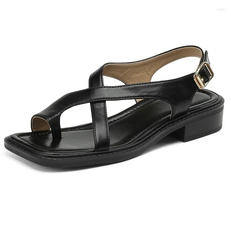 Sandalias de diseño de marca Est para mujer, verano 2023, estilo Retro Roma, cuero genuino, tacones bajos, zapatos de trabajo informales para mujer