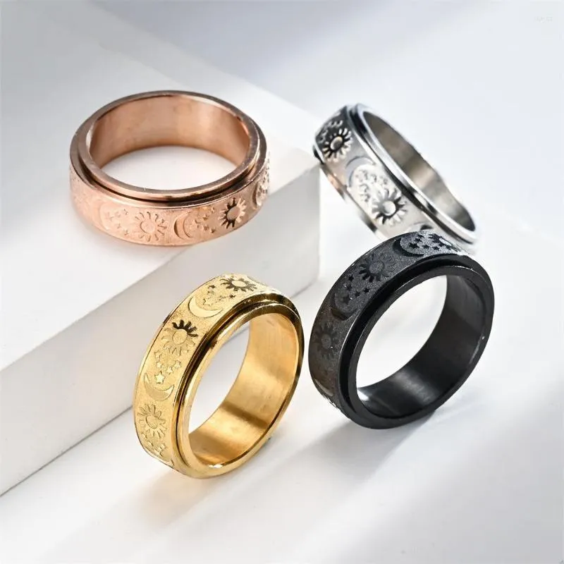 Обручальные кольца вращающиеся стальное кольцо титана для мужчин Женщины с облегчением беспокойство. Ударные украшения богемная нержавеющая звезда Луна солнце Anillos