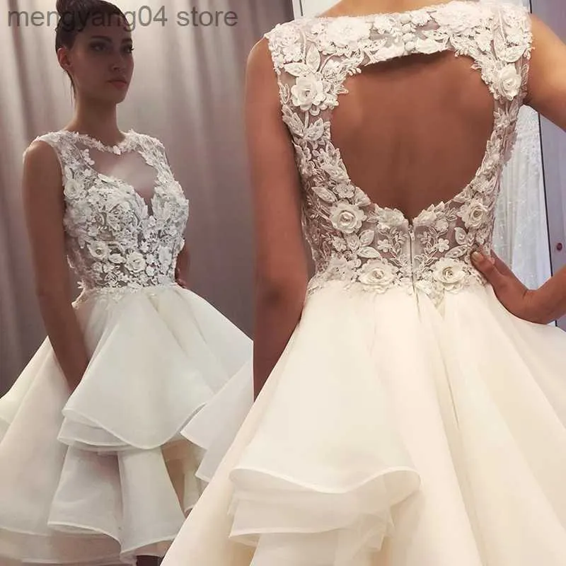 Party Dresses 2023 New Lovely Lace Short Wedding Dresses Knee Length Bridal Gowns O Neck Sleeveless Wedding Gowns Cut Out Back Tiered Skirt T230502