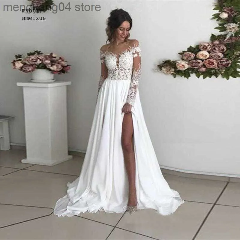 Robes de soirée pleine mousseline de soie scoop longueur au sol illusion plage régulière grande taille pas cher Boho robe de mariée sexy 2021 simple robe De Noiva T230502