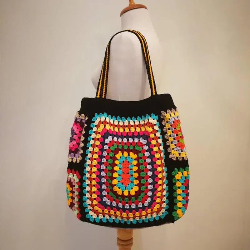 Bolsas originales de crochet hechas de crochet multicolor de hombro afghan vintage estilo étnico bolso de compras de compras para mujer kintting de bricolaje