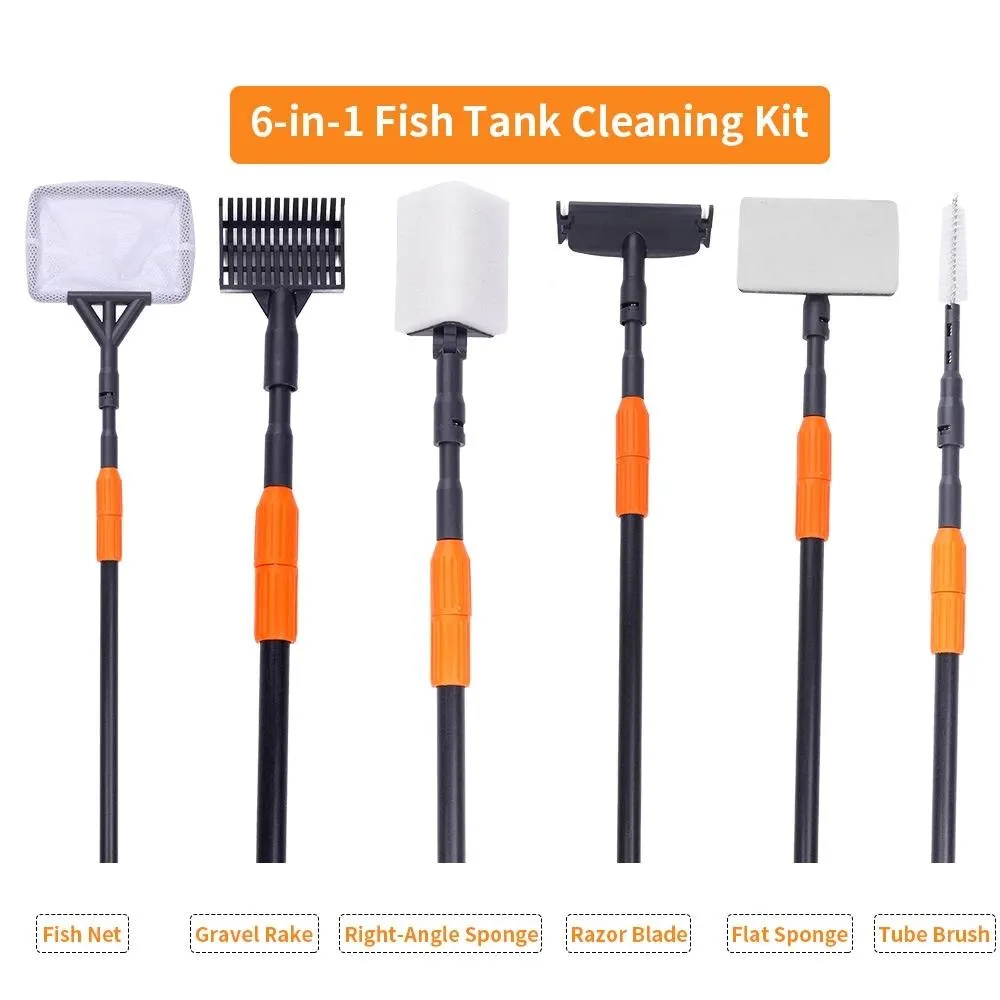 Verktyg 6 i 1 Aquarium Cleaning Tools Kit Aquarium Clamp Set Fish Tank Net Gravel Rake Alges Scraper Fork Sponge Brush Glass Cleaner