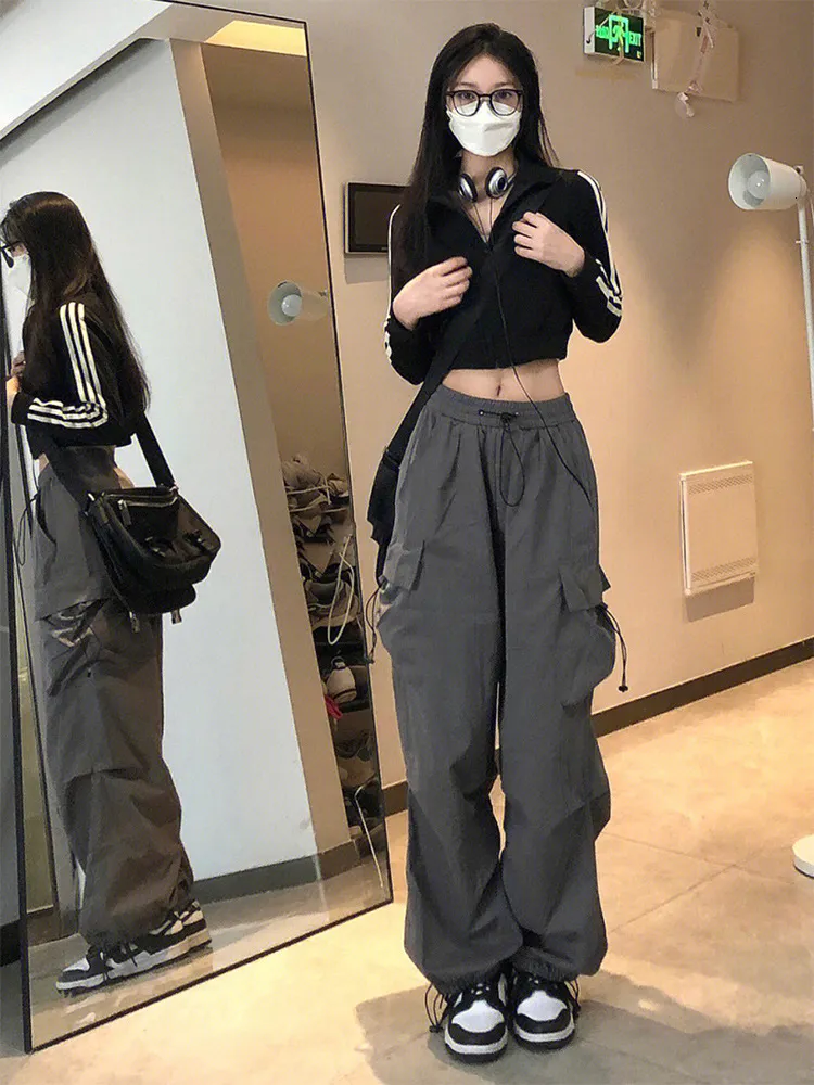 Calça feminina s y2k feminino streetwearwear cargo cargo coreano harajuku  pista de pára -quedas homens tech calças de moletom de perna larga as  calças