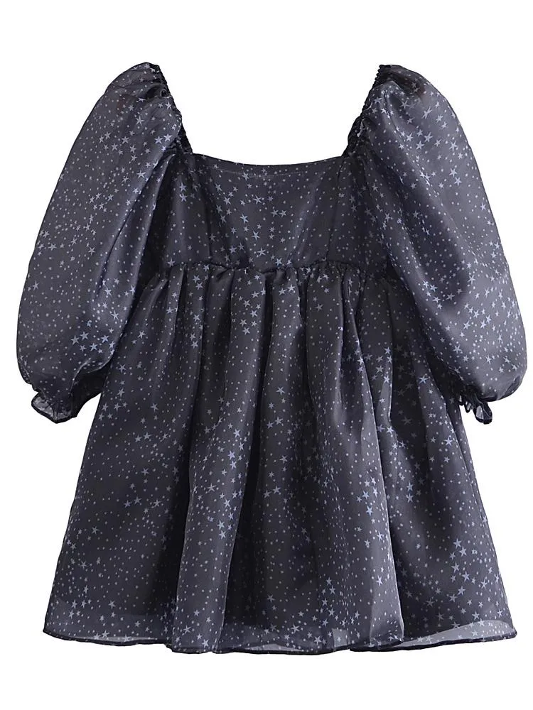 Robes yenkye nouveau 2022 femmes vintage noire imprimement organza princesse courte robe bouffée