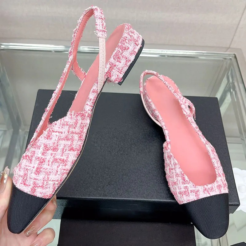 Womens Retro Denim Pink Slingback Sandals Chunky Heels Slip On Wedding Party Shoes PU Leather Round Toe 2cm 6.5cm