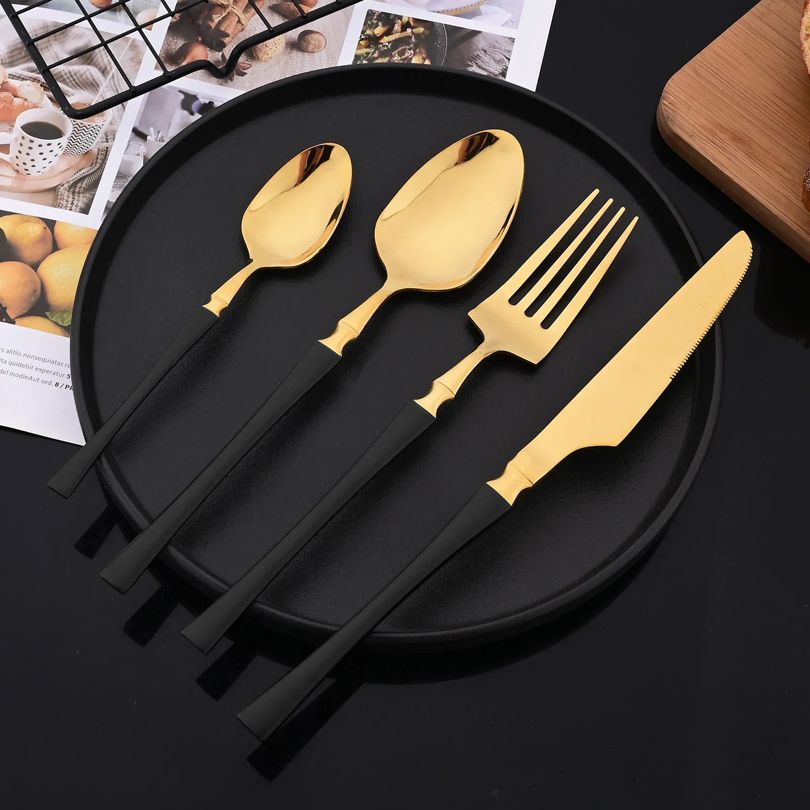 Services de table 24 pièces ensemble de vaisselle noir de luxe en acier inoxydable ensemble de vaisselle en or couverts couteau fourchette cuillère argenterie ensemble de couverts de cuisine 230503
