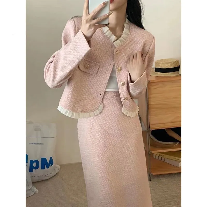 Korean Fashion Tweed Two Piece Set For Women Elegant Single