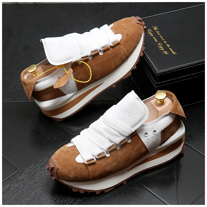 Mens Fashion Sneakers Heighten shoes Cattle Reverse Wool Male Splicing Casual Walking Footwear