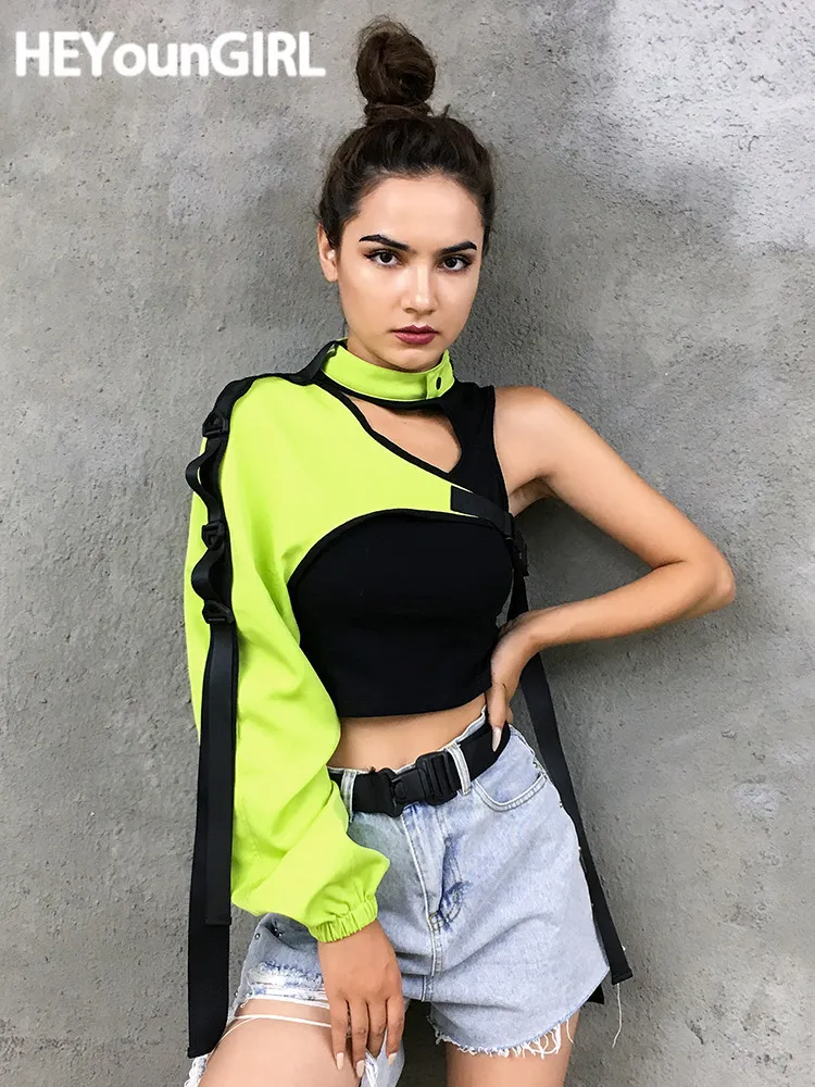 女性用Tシャツheyoungirl neon green one selldle off halter top harajuku black refrective tshirt女性ヒップホップストリートウェアティーシャツFEMME 230503