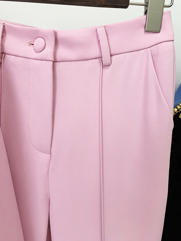 Kadınlar İki Parçalı Pantolon 2 Parça Set Pembe Pist Takım Seti Kadınlar İnce Fit Tek Düğme Rivet Eyel Kuru Blazer Pantolon Set Y075