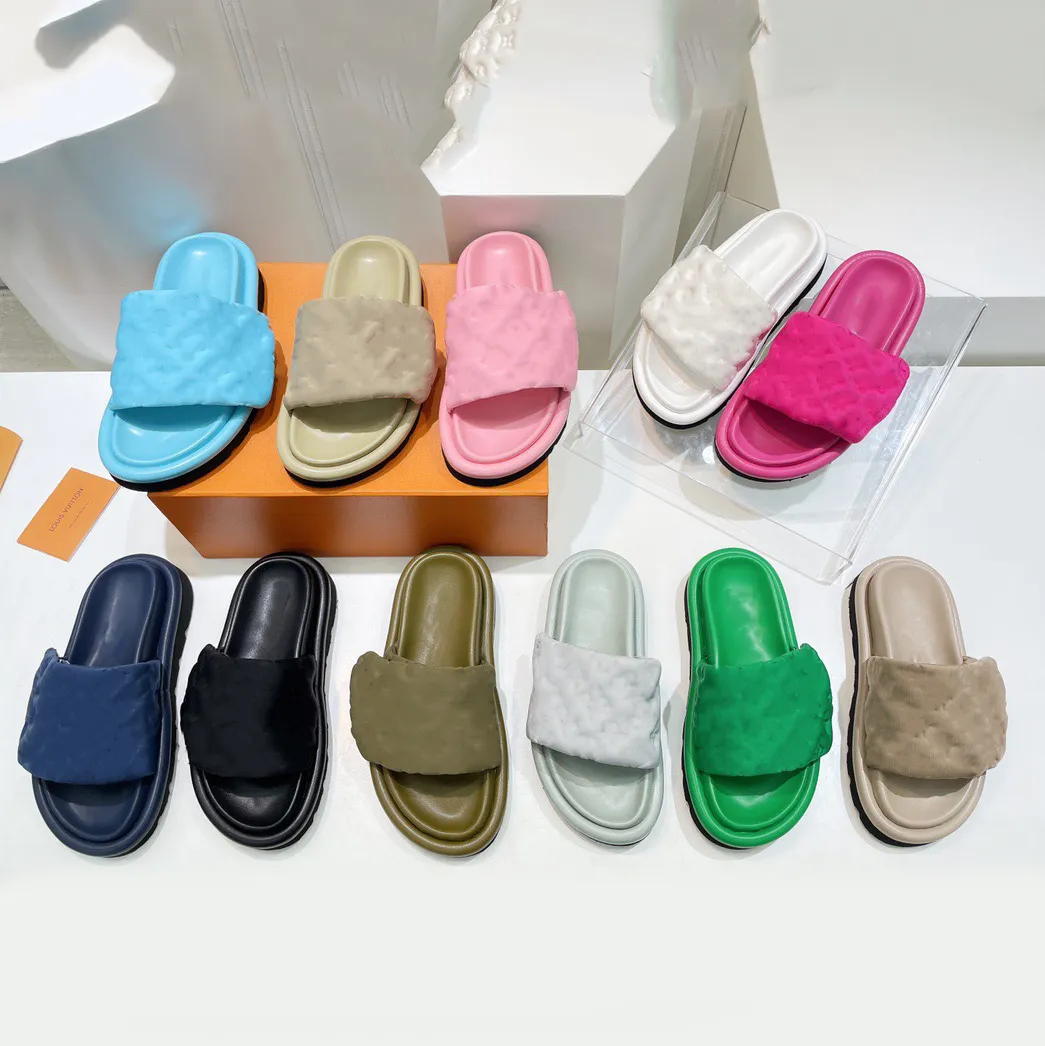 Подушка для бассейна Slides Slipers Женские дизайнерские тисненные мулы плоские сандалии обувь мулы Sliders Mens Platform Slide Summer Luxury Nylon Cool Sandal Sandal 35-45
