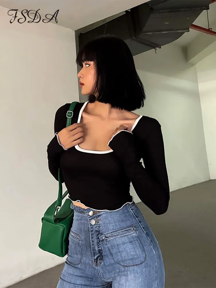 Camisoles Tanks FSDA Spring Summer Black T Shirts Long Sleeve vrouwen 90s Vintage Basic Y2K Sexy Crop Top Casual Fashion 230503
