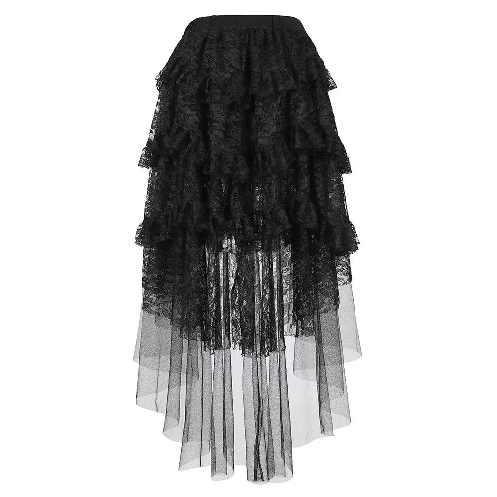 Dresses Sexy Black Lace Skirt for Women Layered Pleated Skirt Steampunk Asymmetrical High Low Ruffle Tulle Long Skirts Plus Size XS6XL