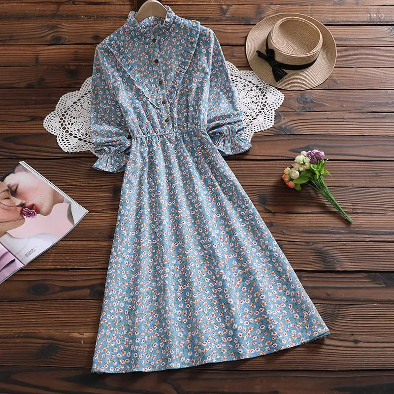 Casual jurken Mori Girl Vintage Floral Printed Corduroy Dress Women Spring herfst Lange mouw Midi Vrouw Sweet Vestidos