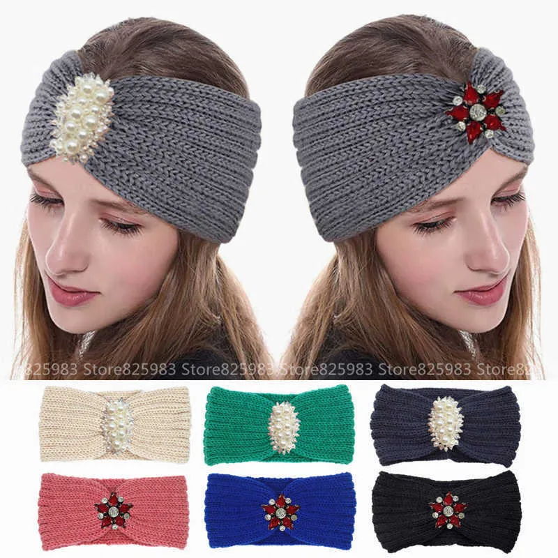 Hoofdbanden Dames Pearl Rhinestone Gebreide hoofdbanden Winter Warm Haak Breed Hair Bands Hoofdomslag Elastische tulband Lady Bandana Accessories J230502