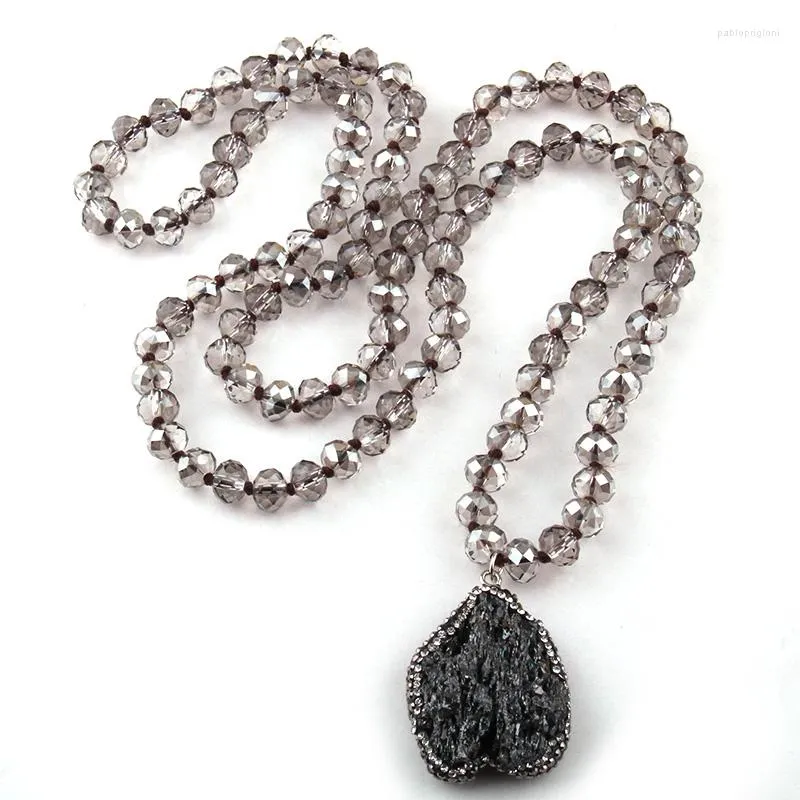 Chains Fashion Bohemian Tribal Jewelry Gray Crystal Knotted Halsband 5X8 Glass Natural Irregular Stone Charm Pendant_voghion.com