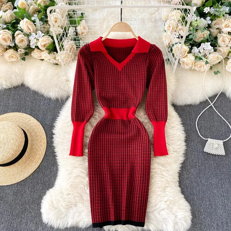 Casual Dresses Office Lady Knit Dress Women Plaid Turn-Down Collar Bodycon Houndstooth Elegant Long Sleeve Wrap