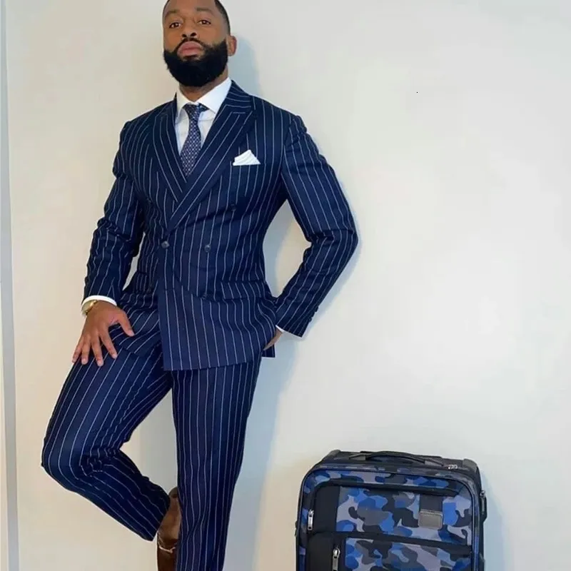 Navy blue pinstripe blazer on sale