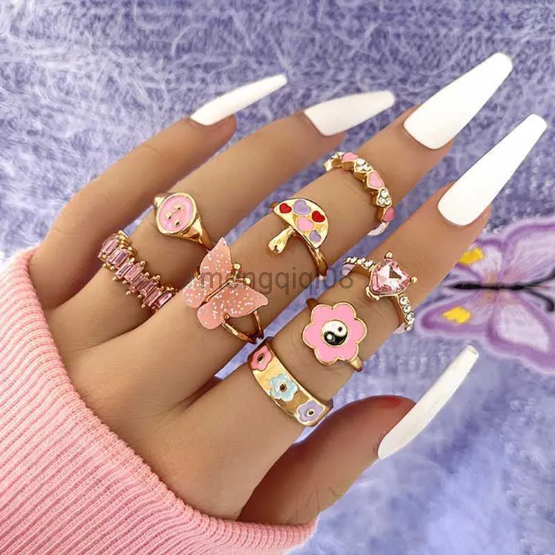 Ringas de banda ringas rosa acrílico butterfly knuckle ring conjunto para mulheres de cristal esmalte cogumelo yin yang flor jóias de moda y23