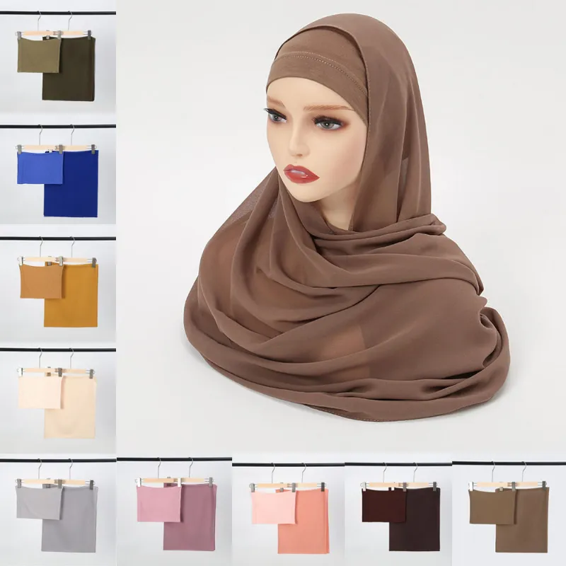 2sts Bubble Pearl Chiffon Scarf With Underscarf Inner Cap Bone Bonnet Tube Turban Muslim Hijab Hat Shawls Wrap Scarves Headscarf