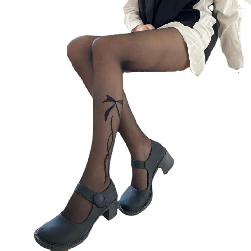 Femmes Chaussettes Mince Long Noir Bas Femme Sexy JK Collants Avec Arc Ruban À Motifs Collants Jambe Côté Fleur Dames Jacquard