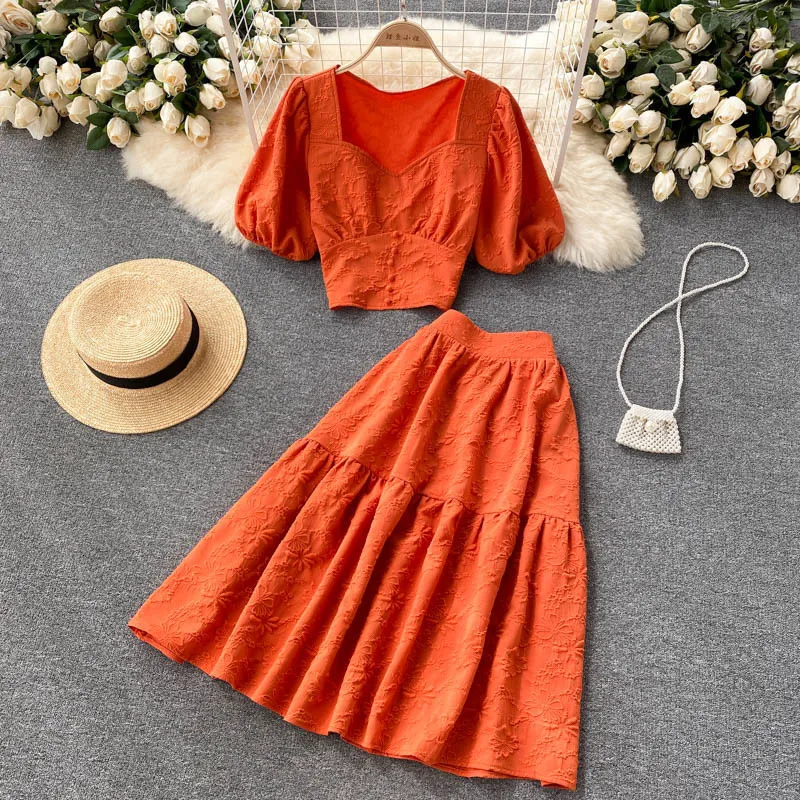 orange 2 piece dress Vintage Purple/Orange/White summer dress 2 piece Set for Women - Square Collar Short Sleeve Top and High Waist A-Line Skirt