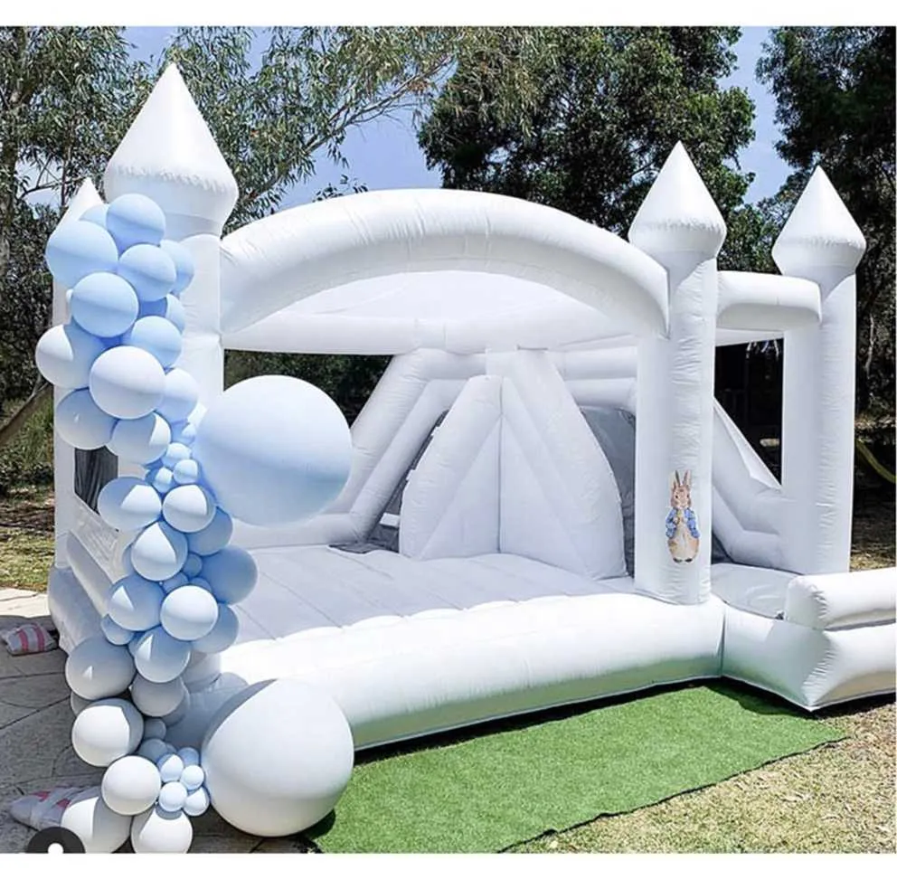 3.5x3.5 Vitt uppblåsbart studsslott med Slide Commercial Wedding Bounce House Combo för barn Backyard Luxury Outdoor Game