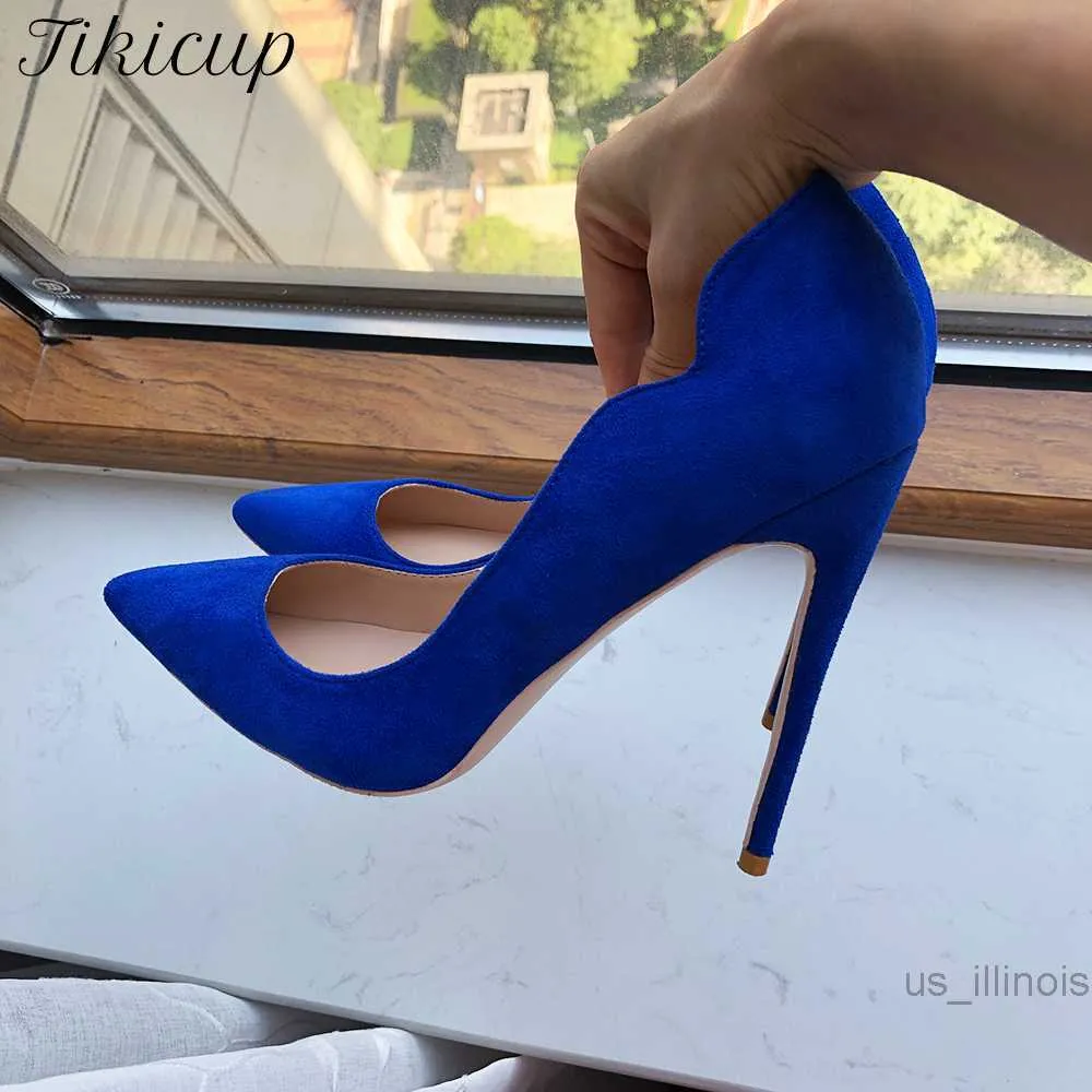 Elbise ayakkabıları tikicup katı kraliyet mavi kadın kıvırcık kesim sürü sivri ayak parmağı yüksek topuk ayakkabı 8cm 10cm 12cm zarif sahte süet stiletto pompalar