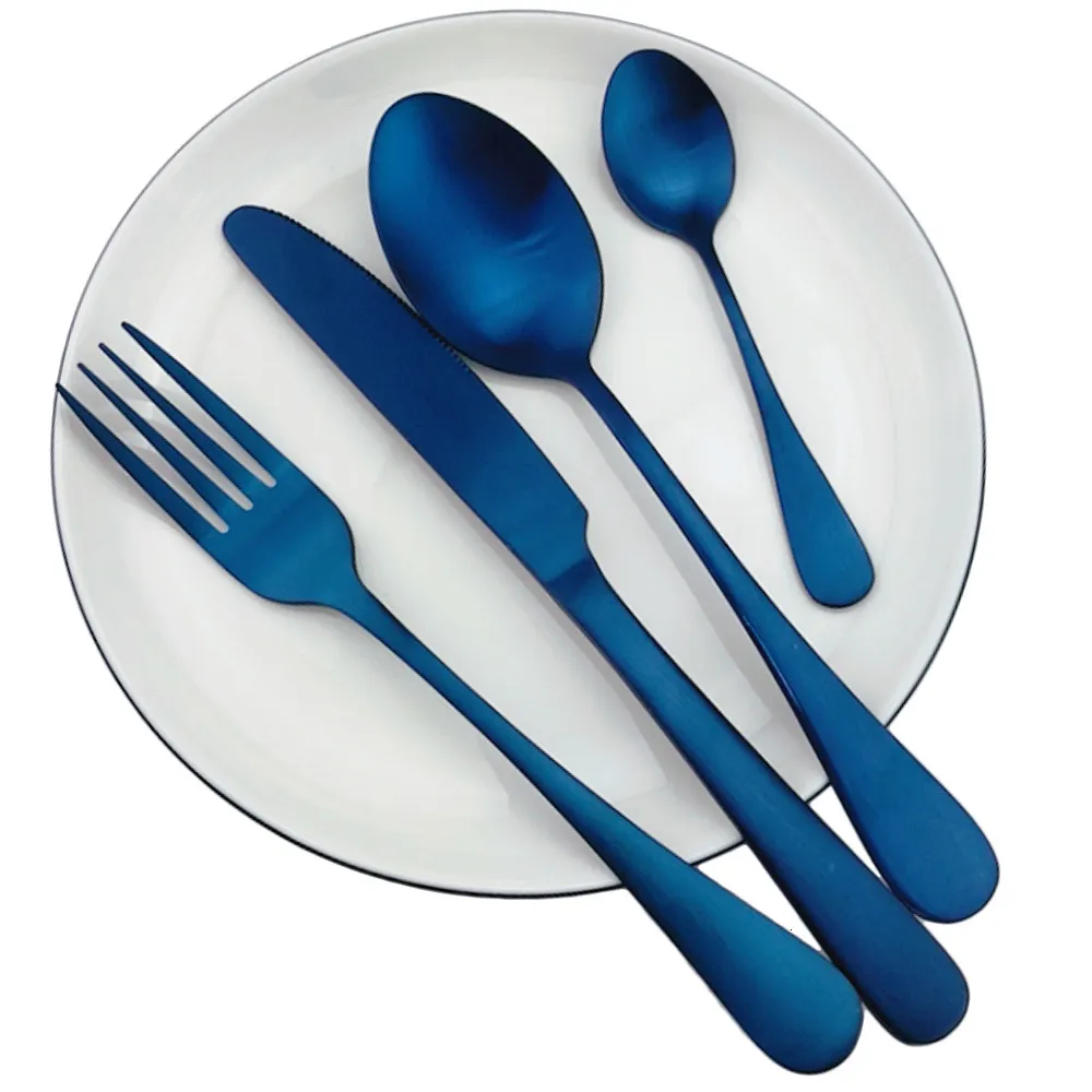 Set di posate 4PCS Set di posate blu opaco Set di posate in acciaio inossidabile Posate da tavola Set da pranzo Piatto nero Coltello da tavola Forchette Cucchiaino 230503