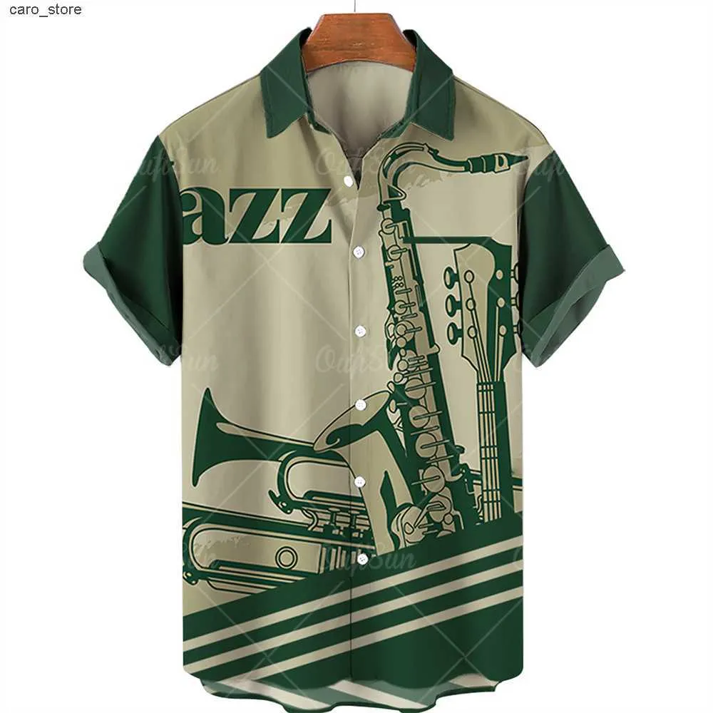 Mäns avslappnade skjortor 2022 Herrskjortor One Button Hawaiian Casual Shirts Men's Musical Instrument Shirts Stripe Tryck Kort Sleeve Beach Camicias 5XL J230502