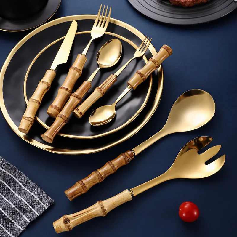 Zestawy naczyń stołowych 7PCS Nature Bamboo Gold Tutlery Zestaw Cutlery ze stali nierdzewnej Prezent Srebrne sztućce 304 Sałatka Sałatka Sałatka Spad 230503