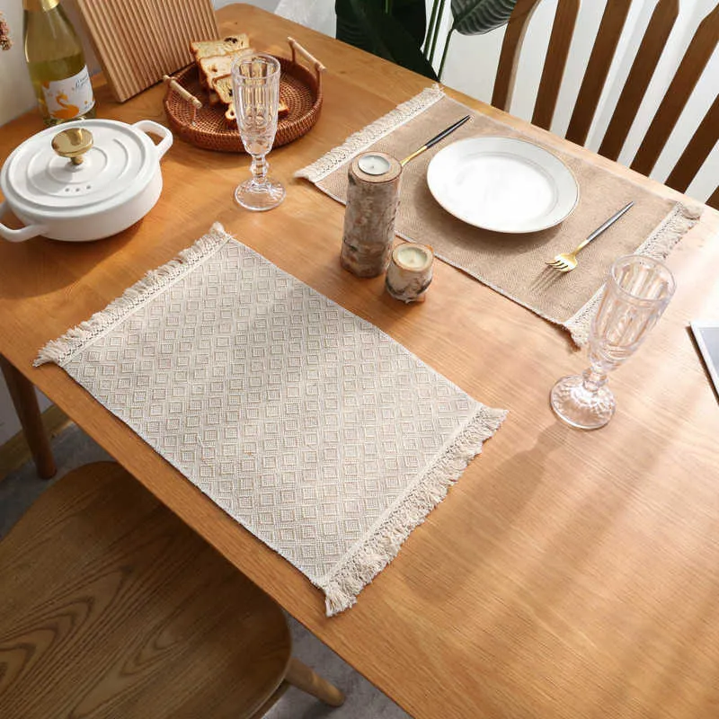 Matten pads 1 stks tafelkleed matten kanten placemats sets natuur jute geweven servies matten bruiloft feestje voor koffie thee -pads home decor z0502