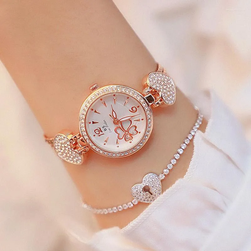 Relojes de pulsera 2023 de la mejor marca, relojes de oro rosa para mujer, pulsera en forma de corazón, reloj de acero para mujer, reloj de pulsera de cuarzo para niñas y mujeres, reloj femenino