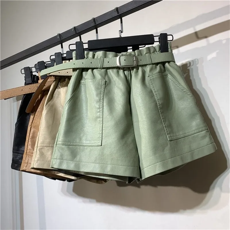 Women's Shorts Korean High Waist Leather Shorts Women's Autumn Loose Wide Leg Leather Shorts Boots Shorts Belt Black Khaki Leather Pants Shorts 230503