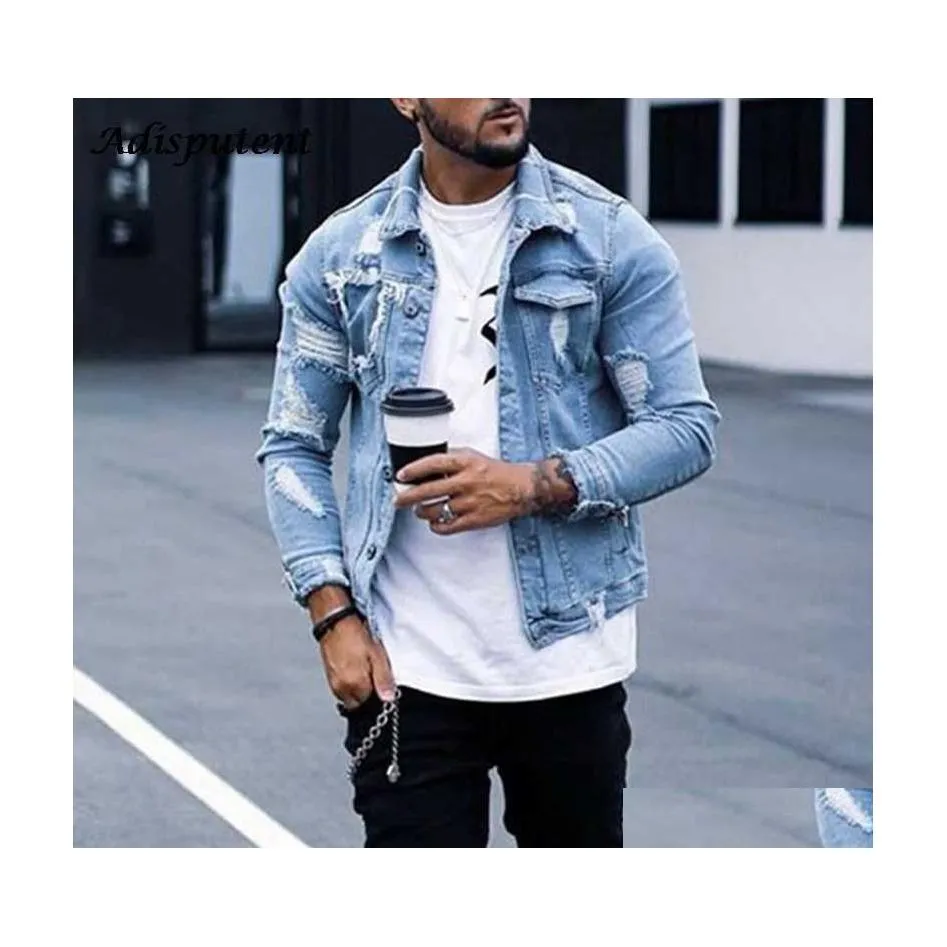 Men'S Jackets Adisputent Men Jeans Coat 2021 Autumn Mens Jacket Fashion Casual Denim Plus Size Blue Color Lapel Ripped Jean X0710 Dr Dhj9L