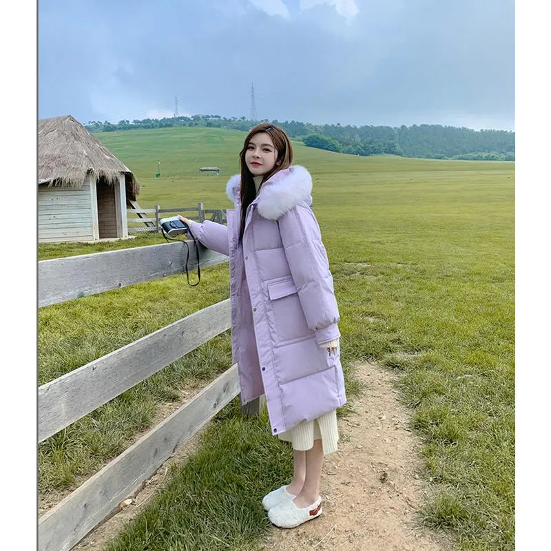 Cuir Femmes Purple Down Vêtements chauds décontractés coréens gros col en fourrure Coat à capuche Fashion Fashion Longropherropher Puffer Bounded Outwear Tops Hiver