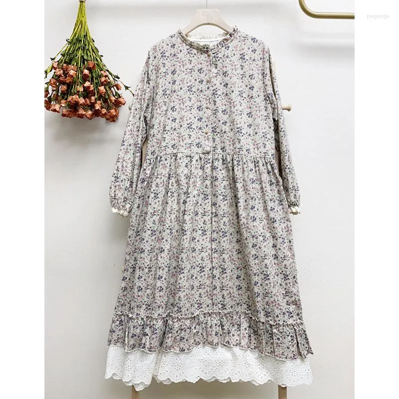 Vestidos casuais florestas mori menina vestido de outono de primavera retrô floral floral sola laca bordado de manga longa linho de algodão para mulheres