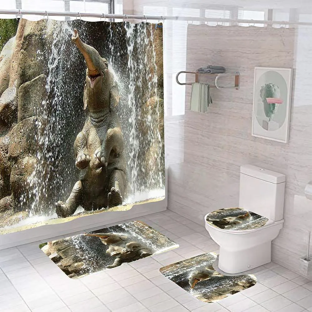 Cortinas padrão de elefante cortina de chuveiro à prova d' água tapete de banheiro tampa de vaso sanitário tapetes antiderrapantes conjunto de tapete de banheiro