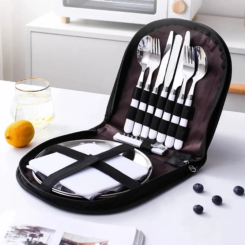 Dinnerware Sets Outdoor Picnic Camping Tableware Fork Spoon Knife Bottle Opener Stainless Steel Foldable Pocket Tableware Set Hike Kitchen Tools 230503