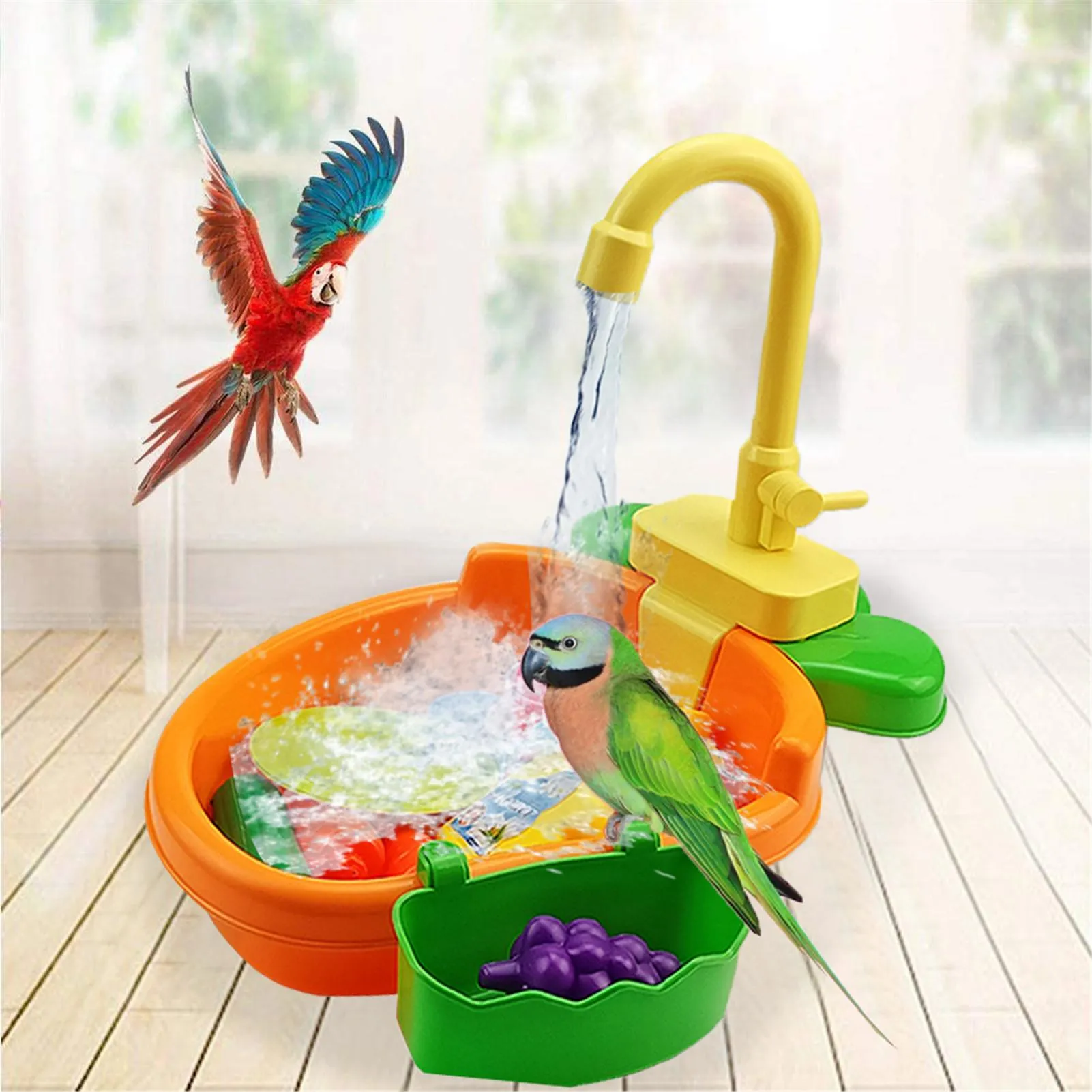 Giocattoli Pappagallo Uccello Vasca da bagno con rubinetto Divertente automatico Pet Pappagalli Piscina doccia Vasca da bagno per piccole brids Canarino Giocattoli di intrattenimento