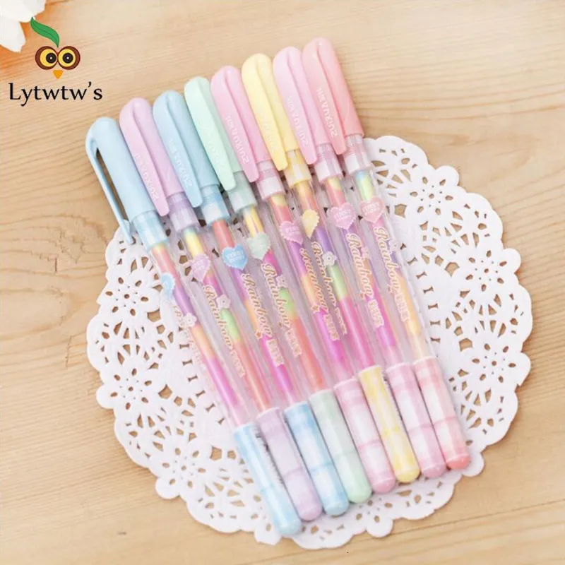 Stylos à bille 1 pcs Lytwtws Papeterie Kawaii Mignon Belle Bonbons Texte Marqueur Gel Stylo Étudiant École Fournitures De Bureau Changement 7 Couleurs Dessiner Glitter 230503